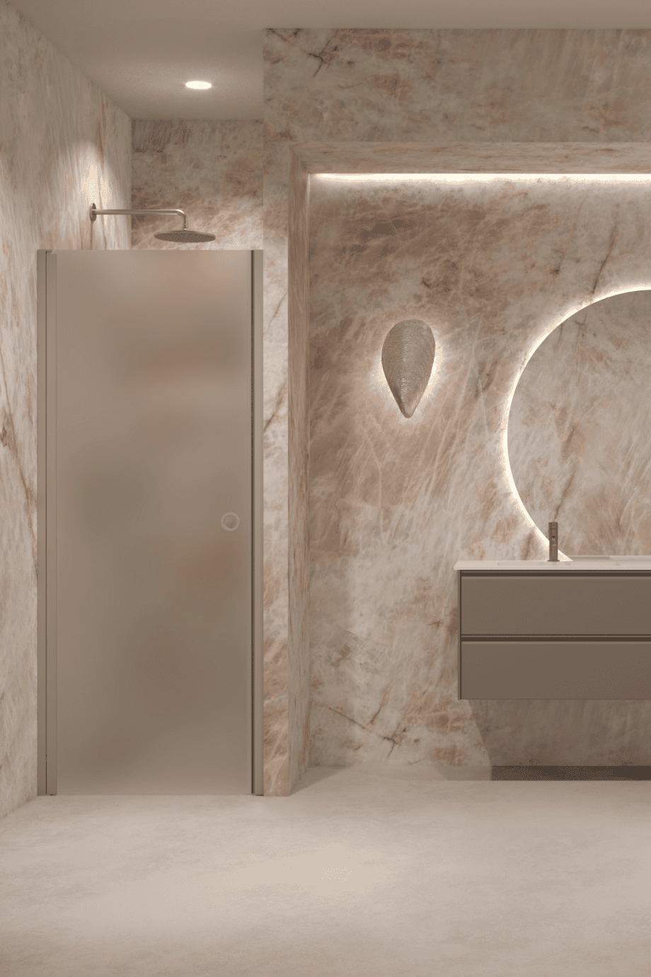 Hinged shower door with wall magnet Hietakari Forma 382, Sand frame, satin frosted glass