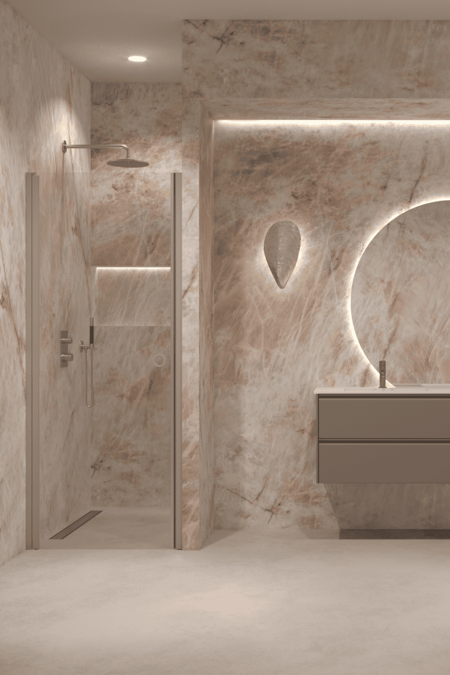 Hinged shower door with wall magnet Hietakari Forma 382, Sand frame, super bright glass