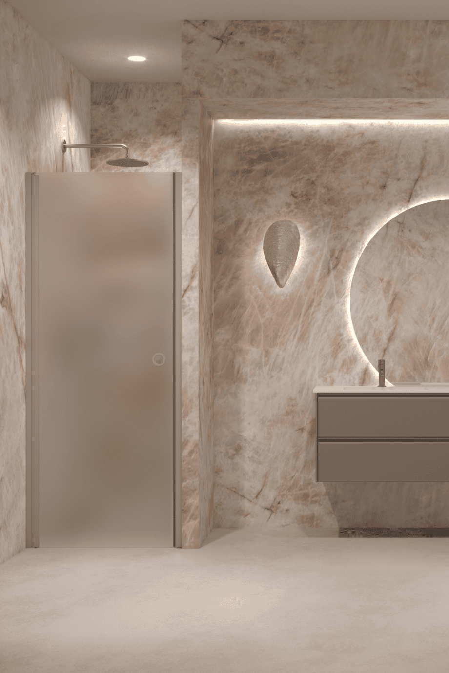 Hinged shower door with wall magnet Hietakari Forma 382, Sand frame, super bright satin glass