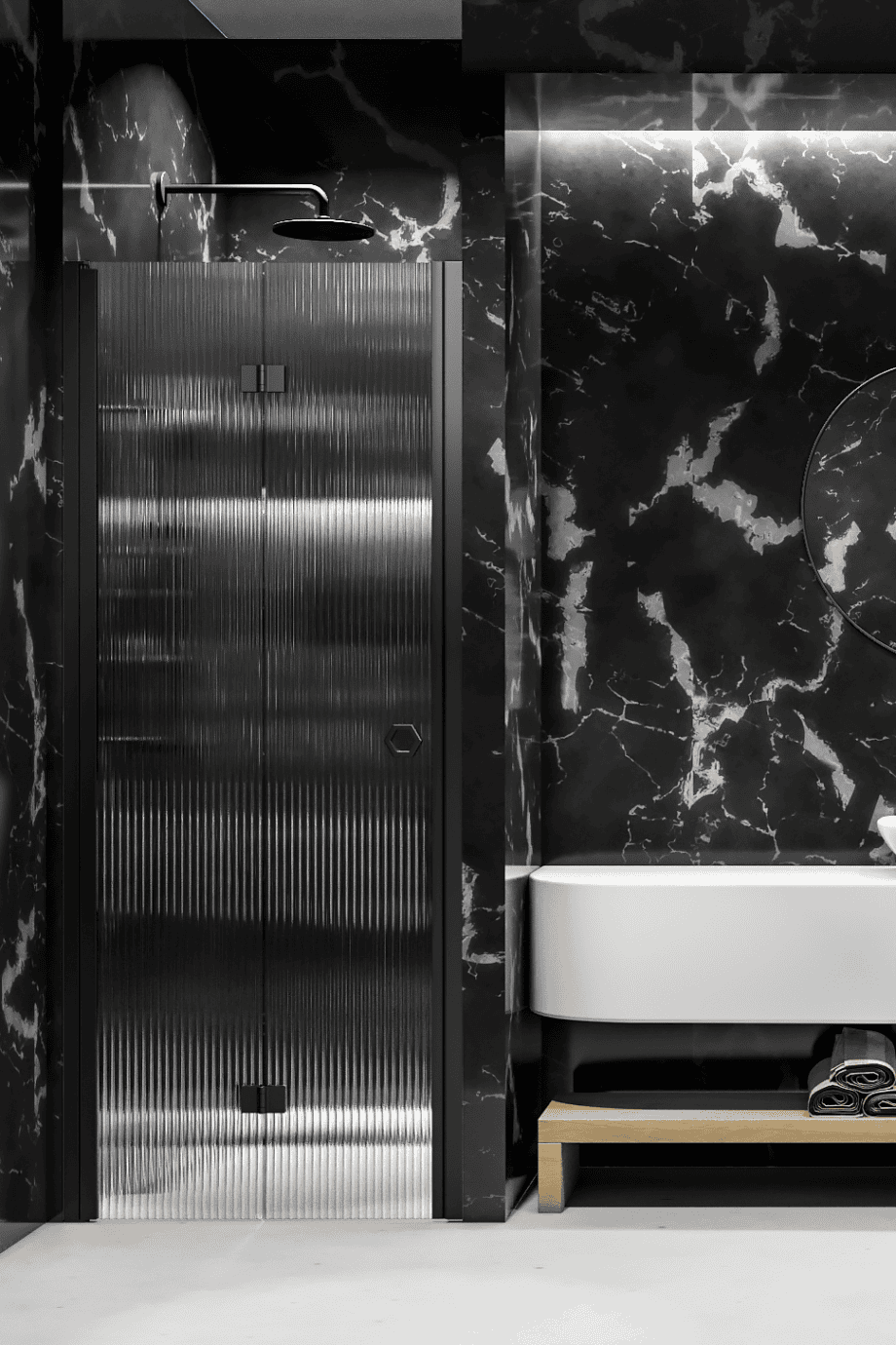 Folding shower door with wall magnet Hietakari Forma 383, black frame, reeded glass Folding shower door with wall magnet Hietakari Forma 383, black frame, reeded glass