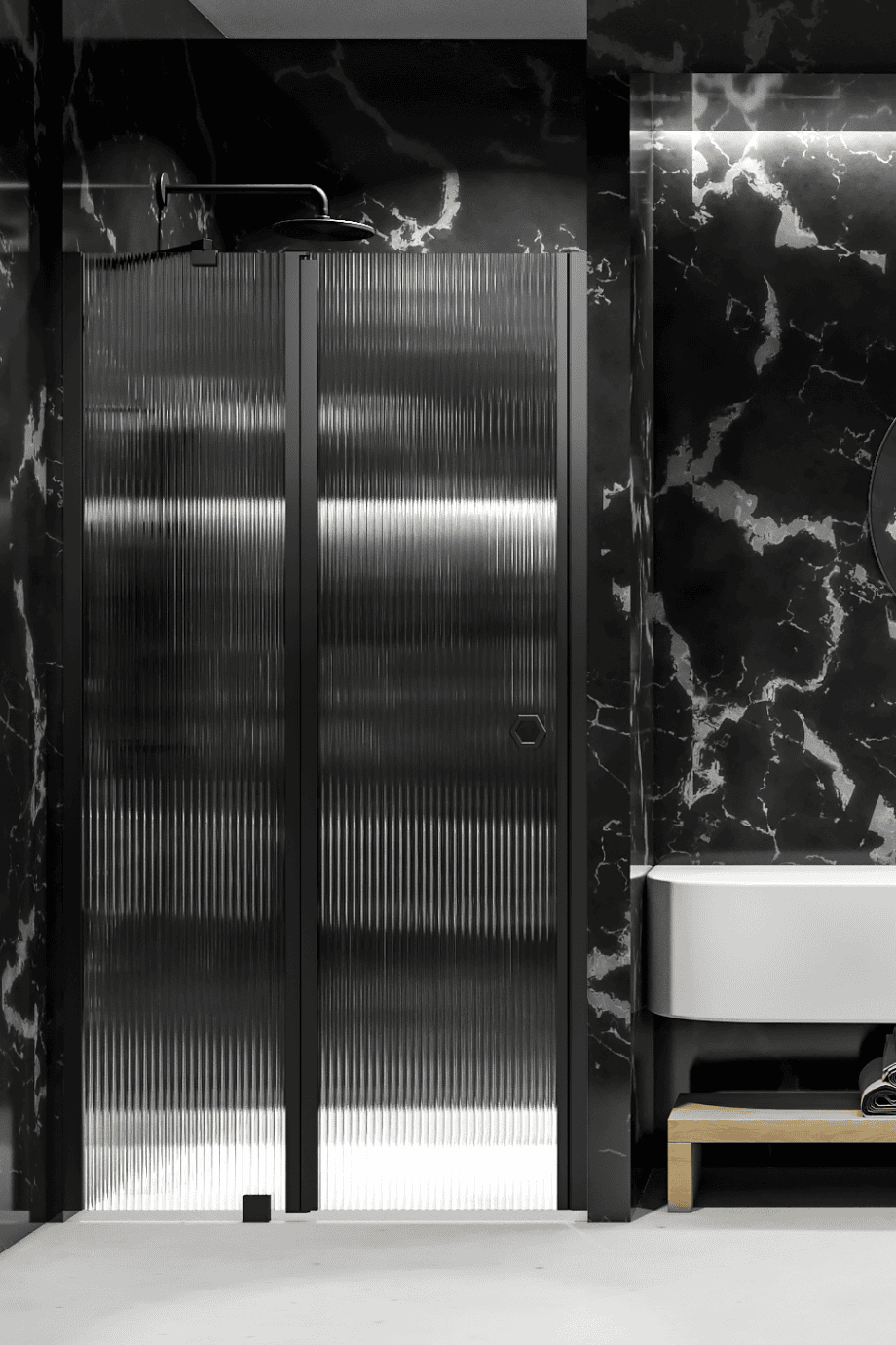 Hinged shower door with fixed part and wall magnet Hietakari Forma 384, black frame, clear glass Hinged shower door with fixed part and wall magnet Hietakari Forma 384 ā 6