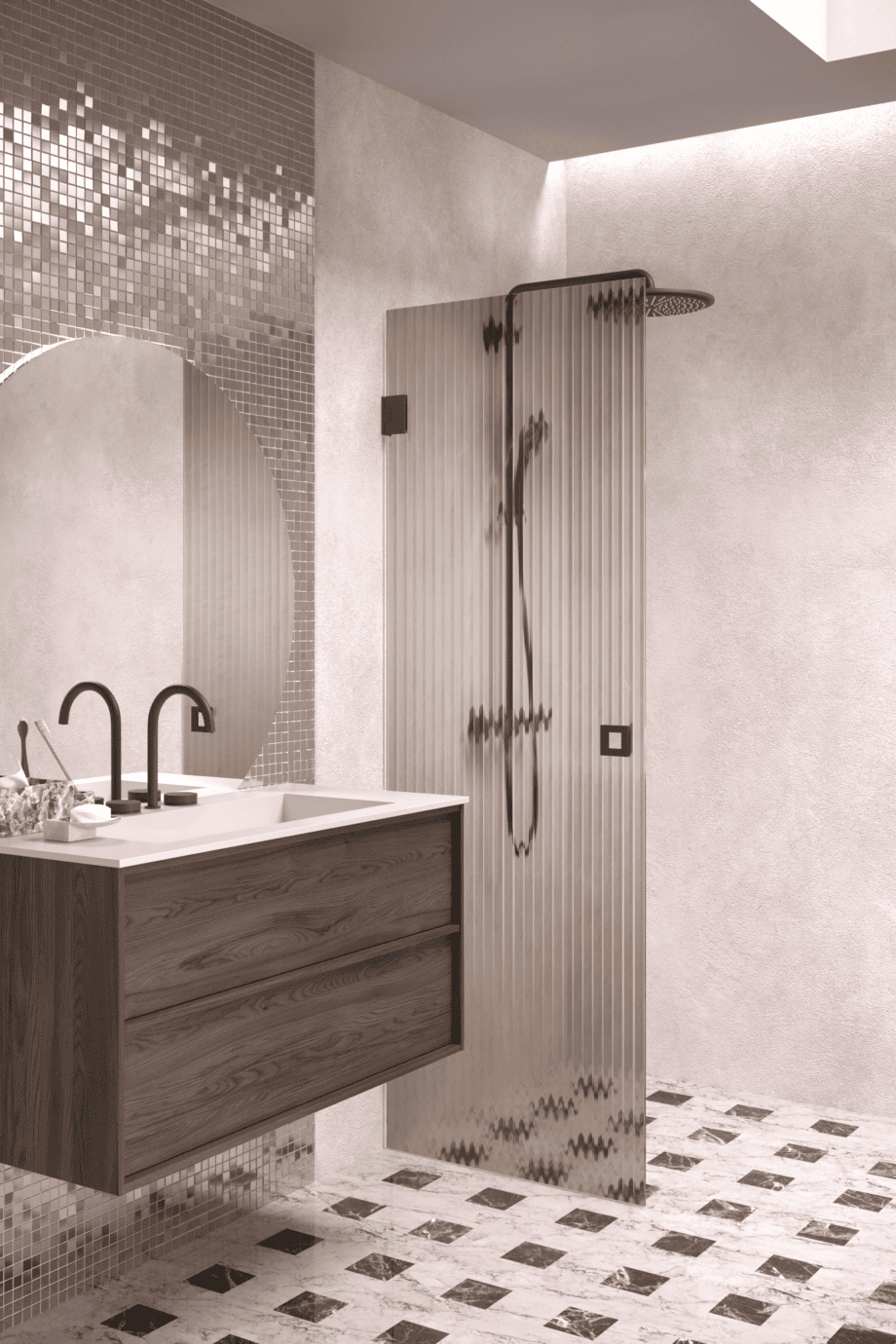 Hinged shower door Hietakari Vetro 512, Cocoa fittings, brown reeded glass