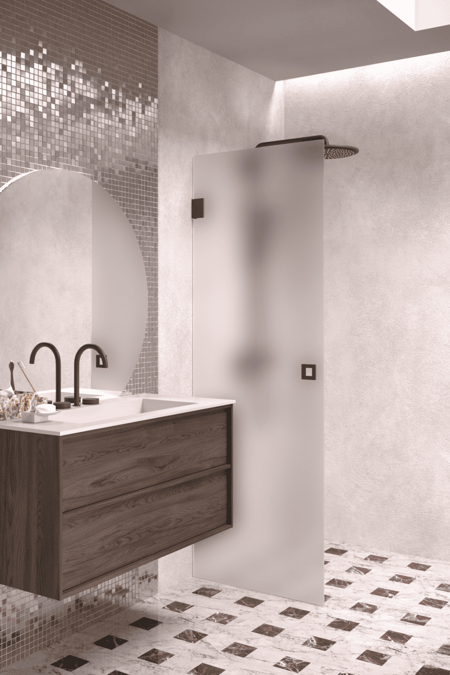 Hinged shower door Hietakari Vetro 512, Cocoa fittings, satin frosted glass