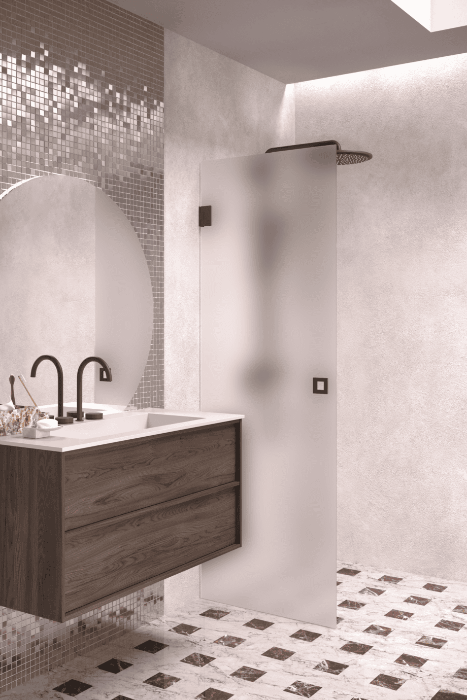 Hinged shower door Hietakari Vetro 512, Cocoa fittings, super bright satin glass