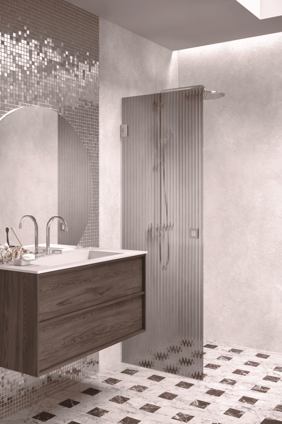 Hinged shower door Hietakari Vetro 512, brushed fittings, grey reeded glass