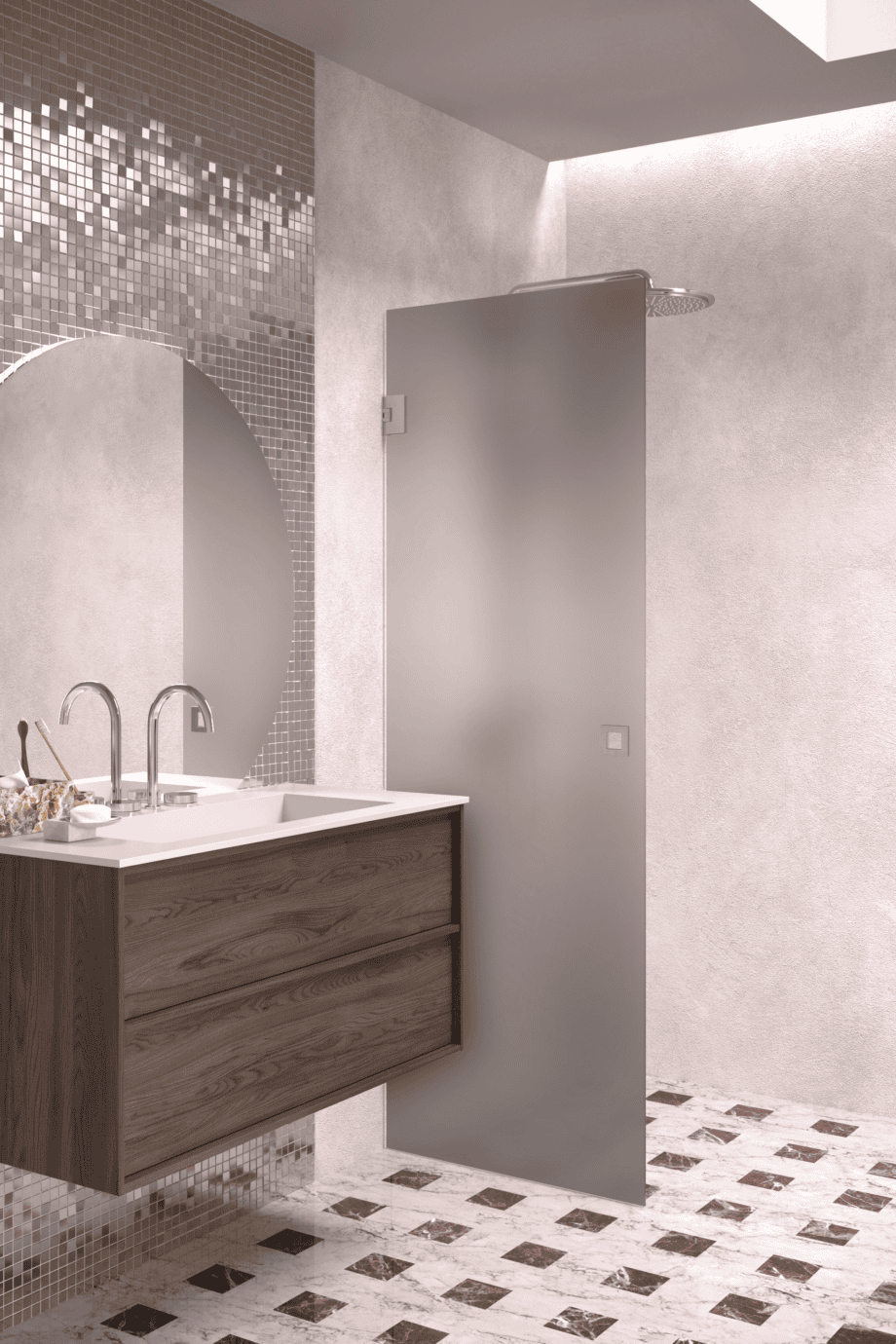 Hinged shower door Hietakari Vetro 512, brushed fittings, grey satin glass