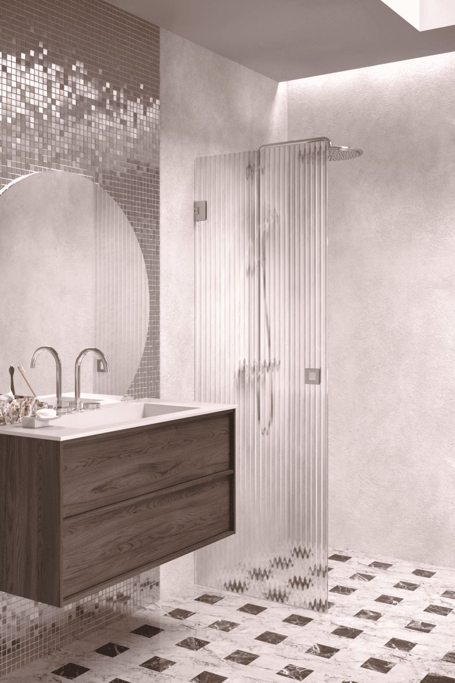 Hinged shower door Hietakari Vetro 512, brushed fittings, reeded glass
