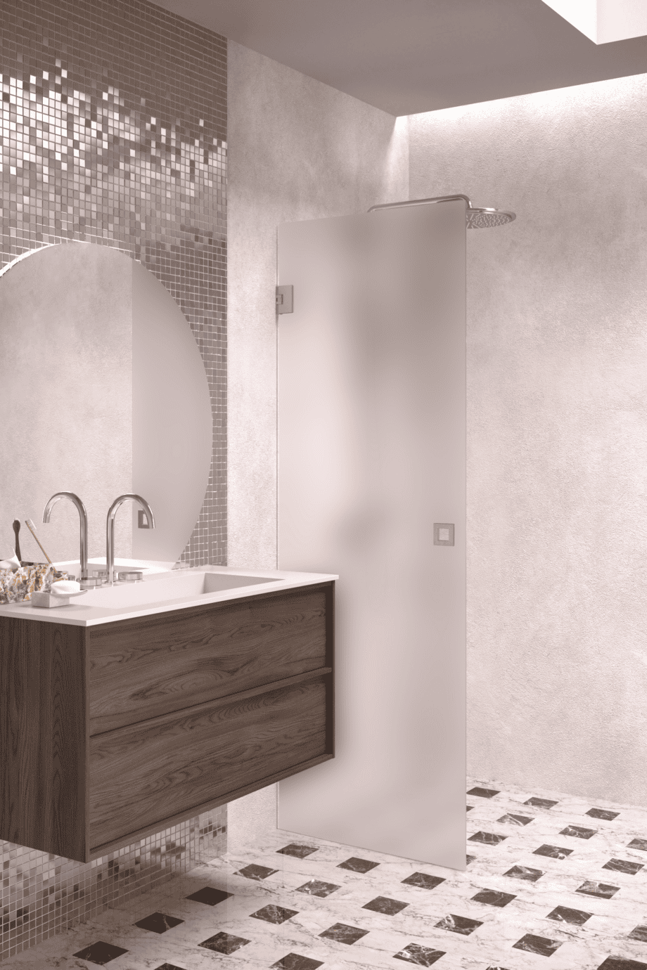 Hinged shower door Hietakari Vetro 512, brushed fittings, super bright satin glass
