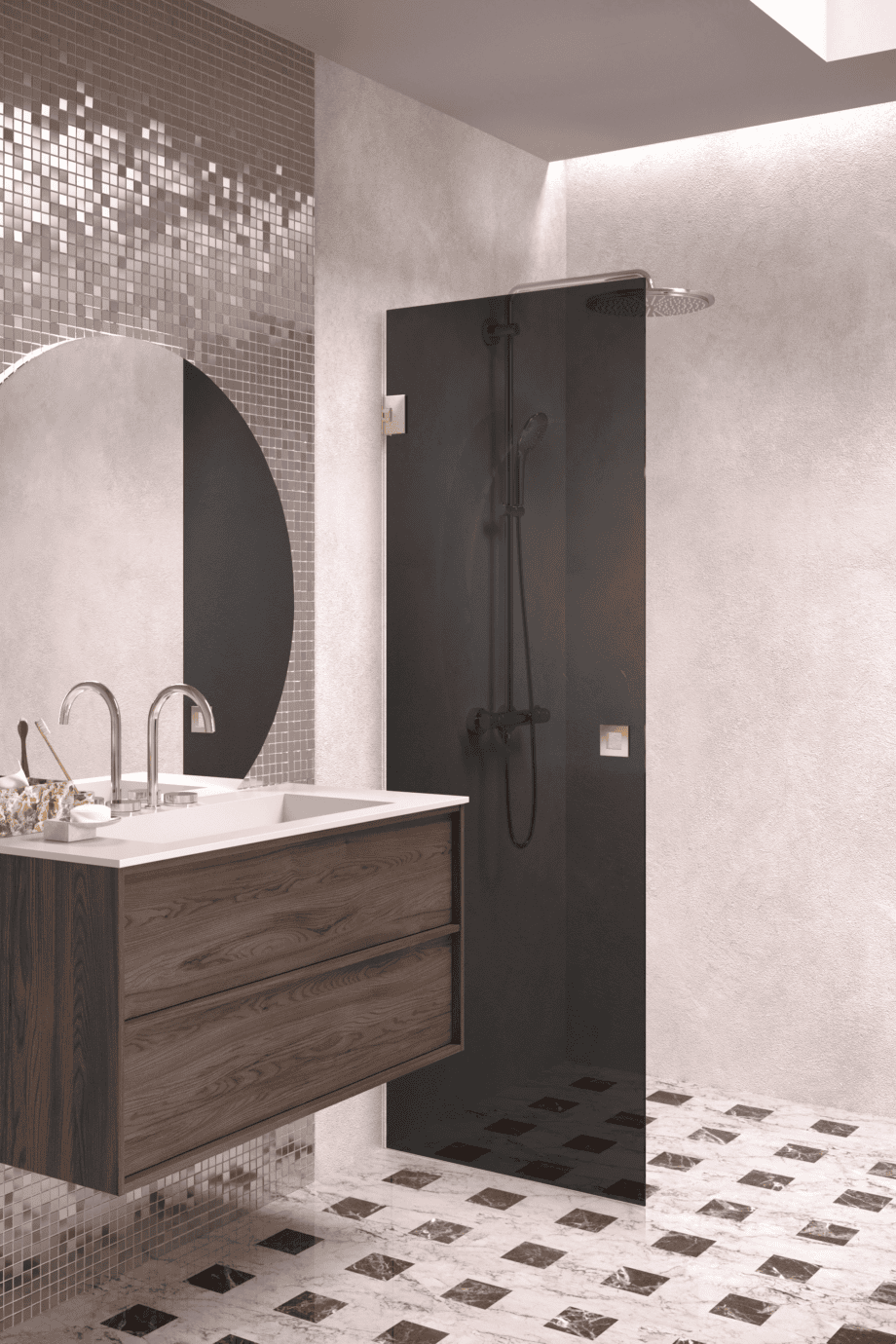 Hinged shower door Hietakari Vetro 512, brass fittings, black glass