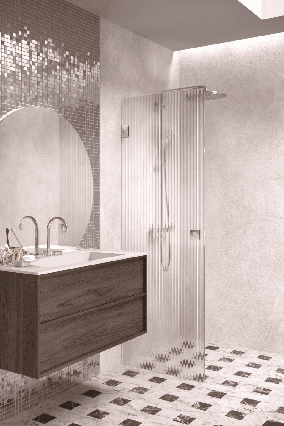 Hinged shower door Hietakari Vetro 512, brass fittings, reeded glass