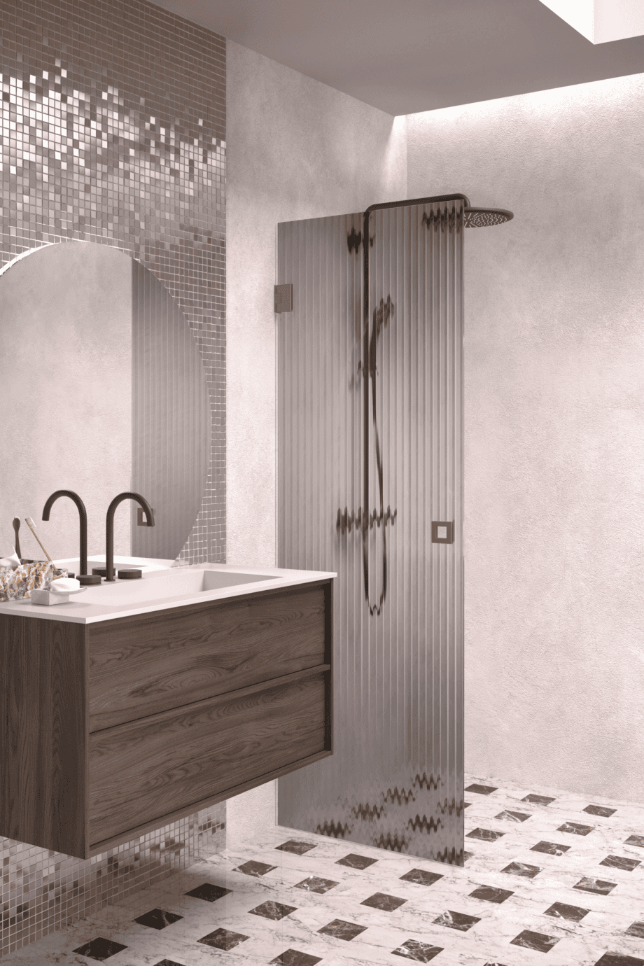 Hinged shower door Hietakari Vetro 512, Mocha fittings, grey reeded glass