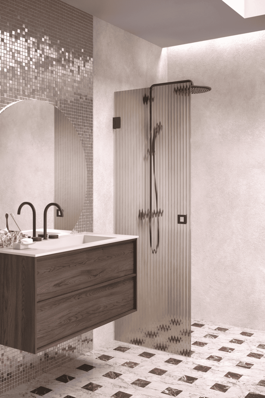 Hinged shower door Hietakari Vetro 512, black fittings, brown reeded glass