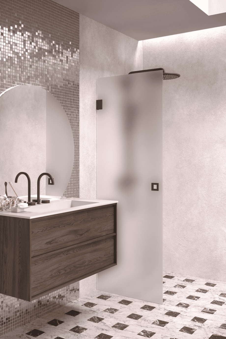 Hinged shower door Hietakari Vetro 512, black fittings, satin frosted glass
