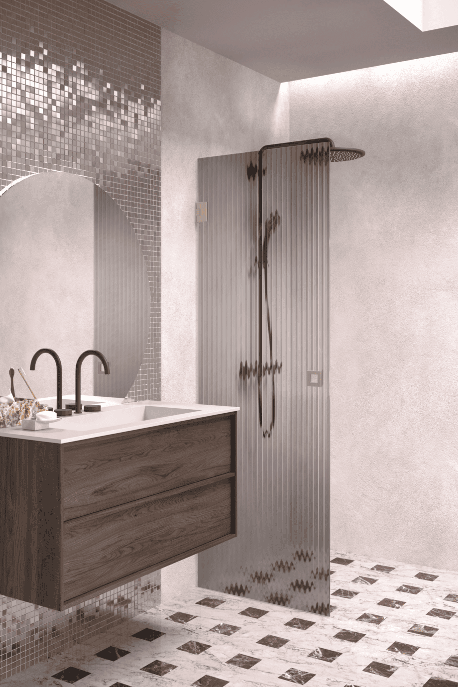Hinged shower door Hietakari Vetro 512, Sand fittings, grey reeded glass