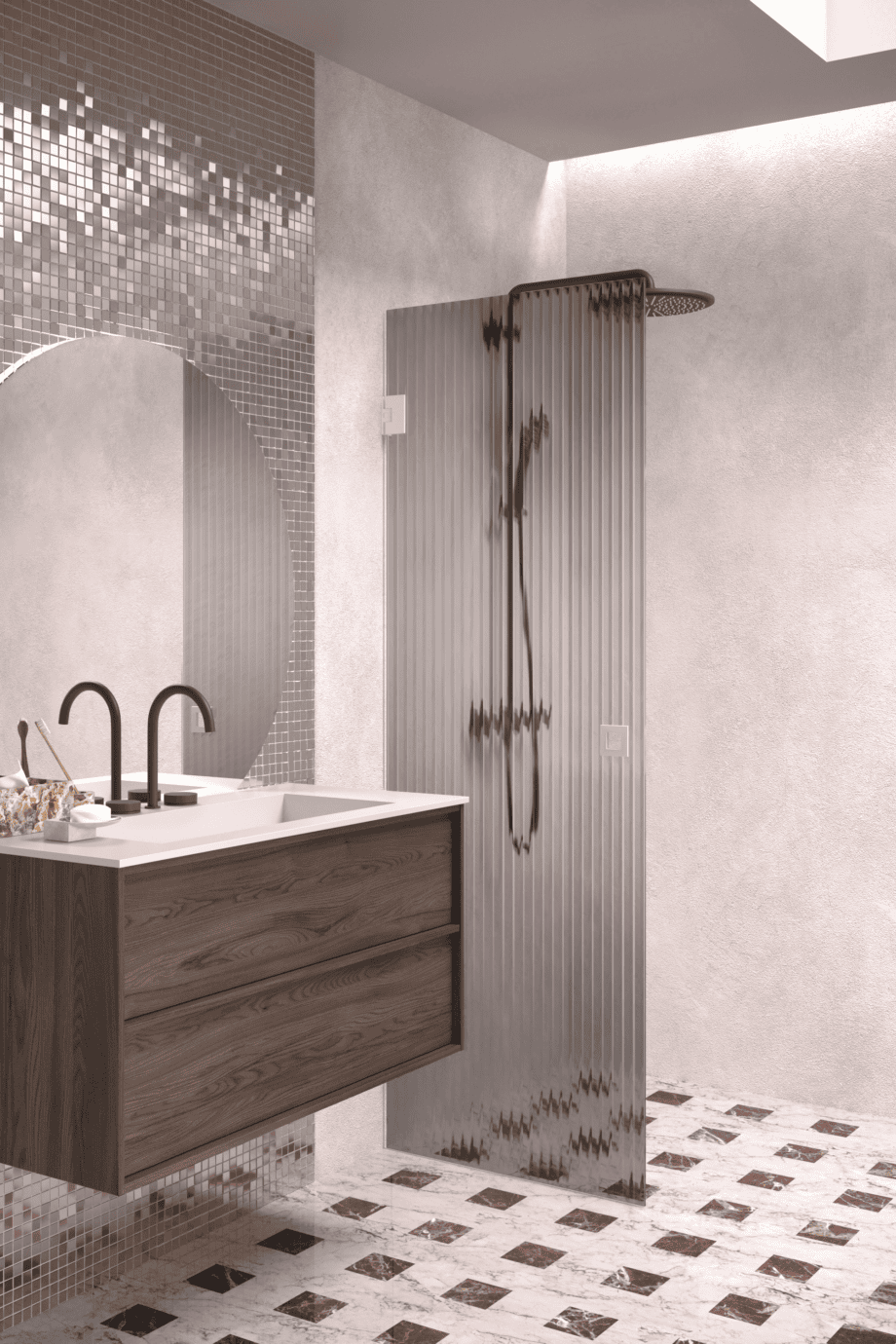 Hinged shower door Hietakari Vetro 512, white fittings, grey reeded glass