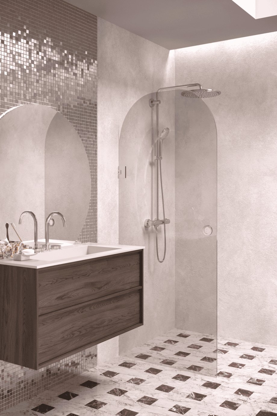 Arched hinged shower door Hietakari Vetro 519, chrome fittings, bronze tinted glass