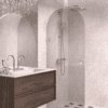 Arched hinged shower door Hietakari Vetro 519, brass fittings, grey tinted glass