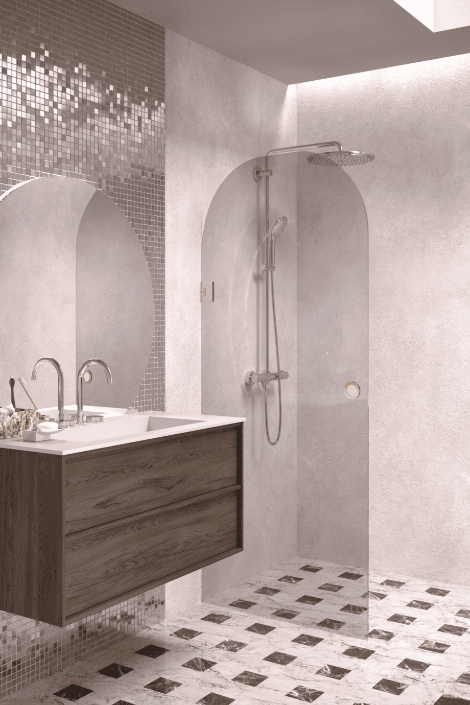 Arched hinged shower door Hietakari Vetro 519, brass fittings, grey tinted glass