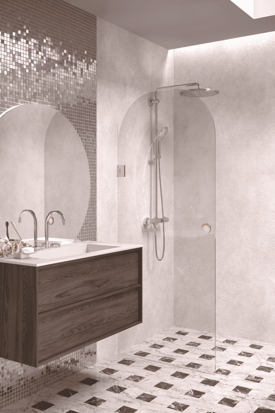 Arched hinged shower door Hietakari Vetro 519, brass fittings, clear glass