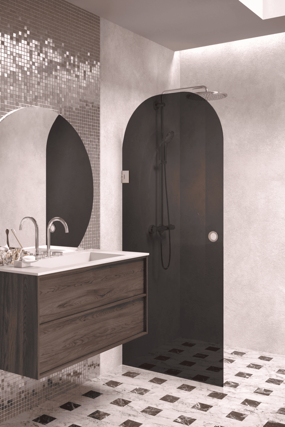 Arched hinged shower door Hietakari Vetro 519, brass fittings, black glass
