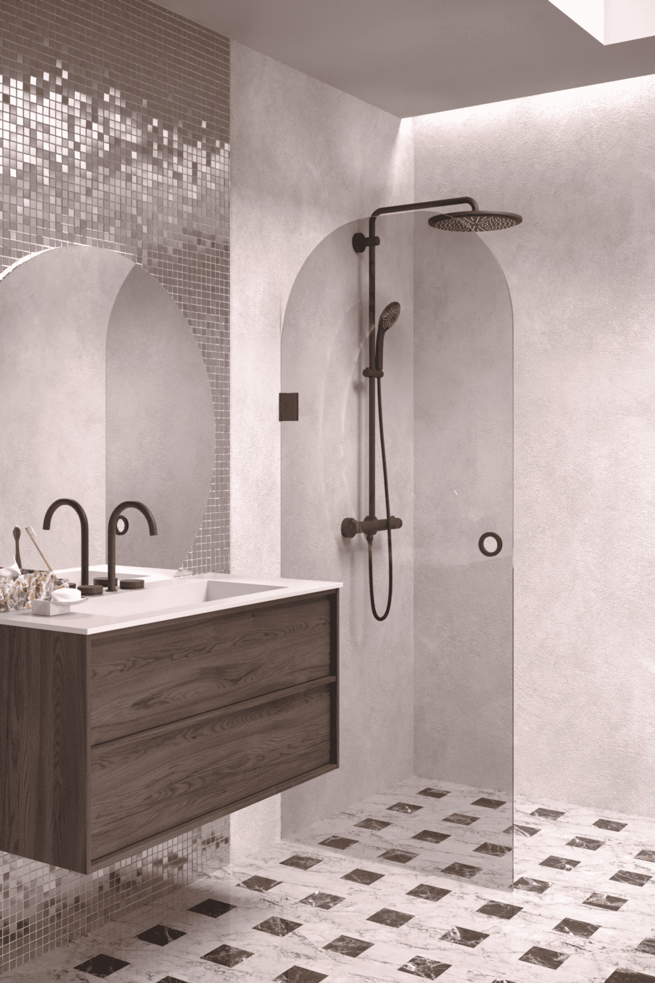 Arched hinged shower door Hietakari Vetro 519, black fittings, grey tinted glass