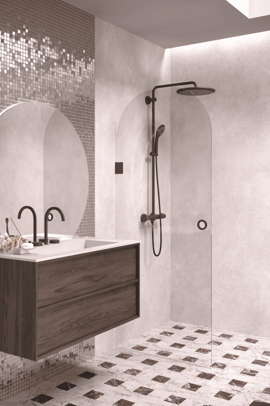 Arched hinged shower door Hietakari Vetro 519, black fittings, super bright glass