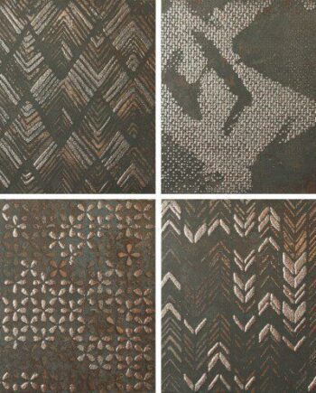 Ethnic-pattern metal-effect porcelain floor tile Dune Diurne Oxide Ethnic, 20x20 cm, 9 mm, rust brown