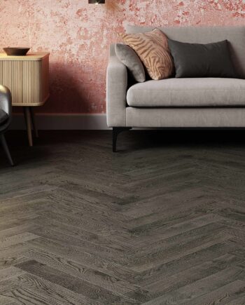 Herringbone parquet oak, Estaparket, BC lava grey, beveled, brushed, extra mat lacquer 5%