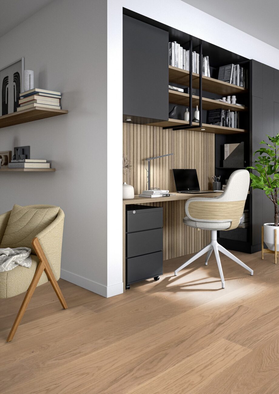 Parkett Tarkett, Shade, Tamm Misty Grey (hall) Plank XT, 1-lip, 2 külge mikrofaa 5 Tammeparkett Tarkett Shade Misty Grey Plank XT kodukontoris
