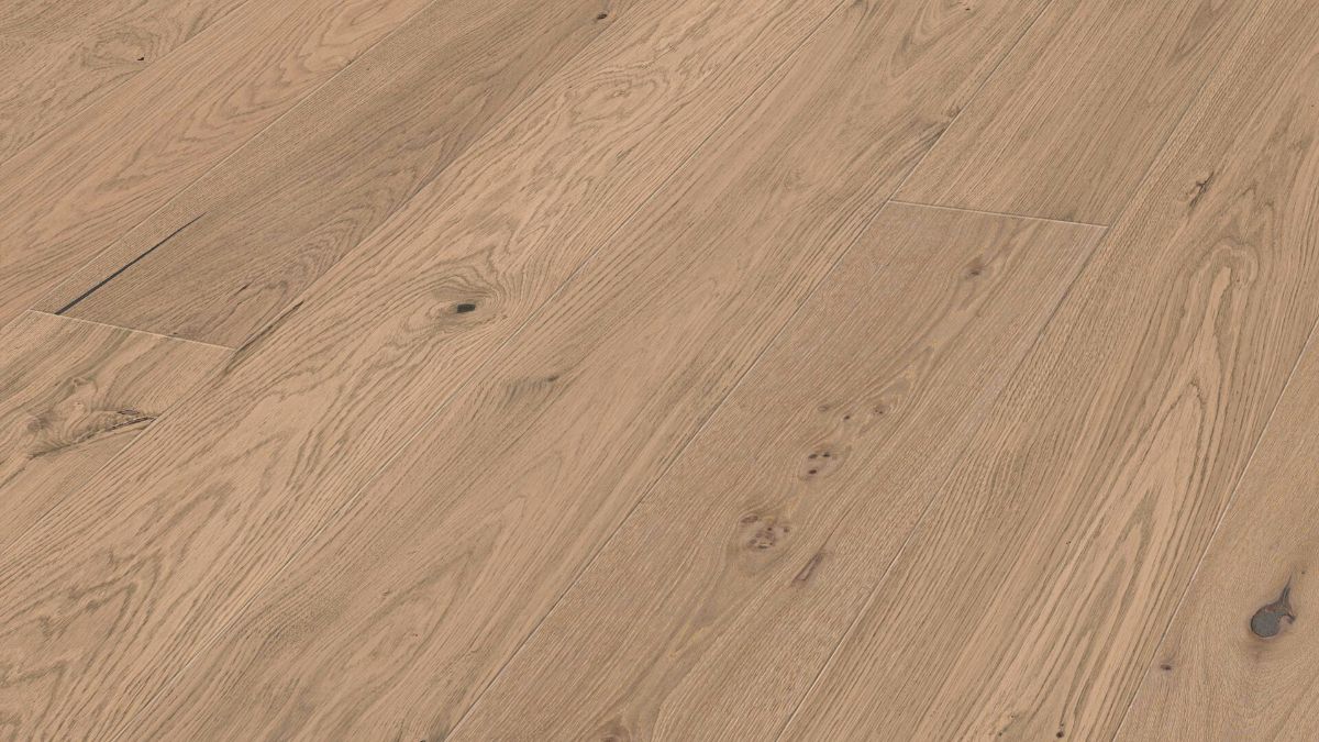 Oak wood flooring Meister, Natureflex HD 100, Authentic pure greige oak 20018, 1-strip, 2200 x 210 mm, brushed, ultra matt lacquered