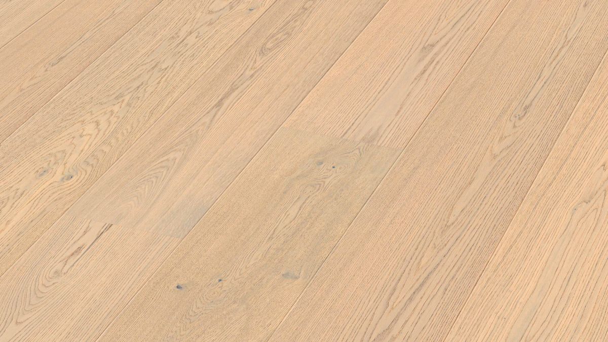 Oak parquet Meister, Lindura HD 400, Milk cream oak lively 20228, 1-strip, 2200 x 270 mm, brushed, ultra matt lacquered