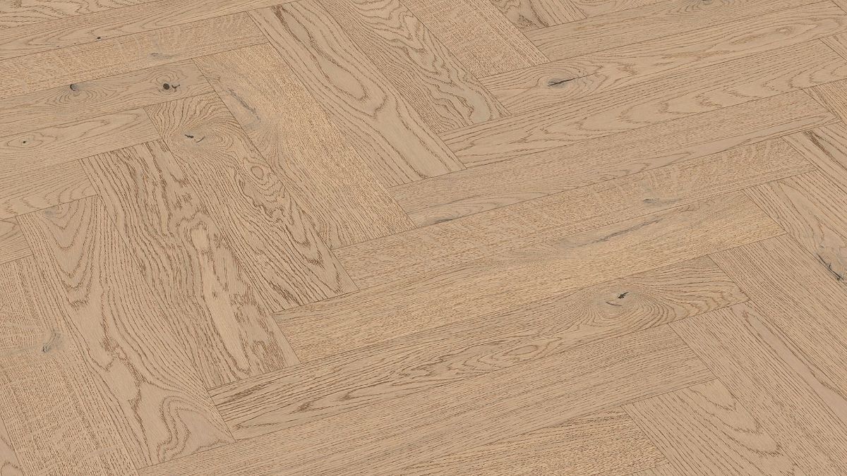 Herringbone parquet Meister, Lindura HS 500, Classic oak sand grey 20232, herringbone, 700 x 140 mm, brushed, ultra matt lacquered