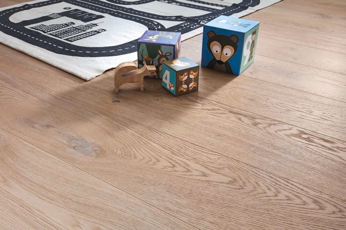 Oak parquet Meister, Longlife PD 400, Authentic off-white oak 09017, 1-strip, 2200 x 180 mm, brushed, ultra matt lacquered