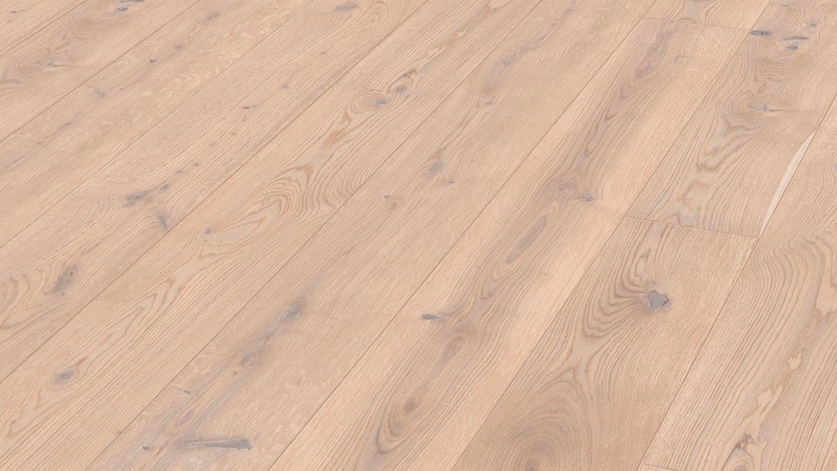 Oak parquet Meister, Longlife PD 400, Authentic off-white oak 09017, 1-strip, 2200 x 180 mm, brushed, ultra matt lacquered