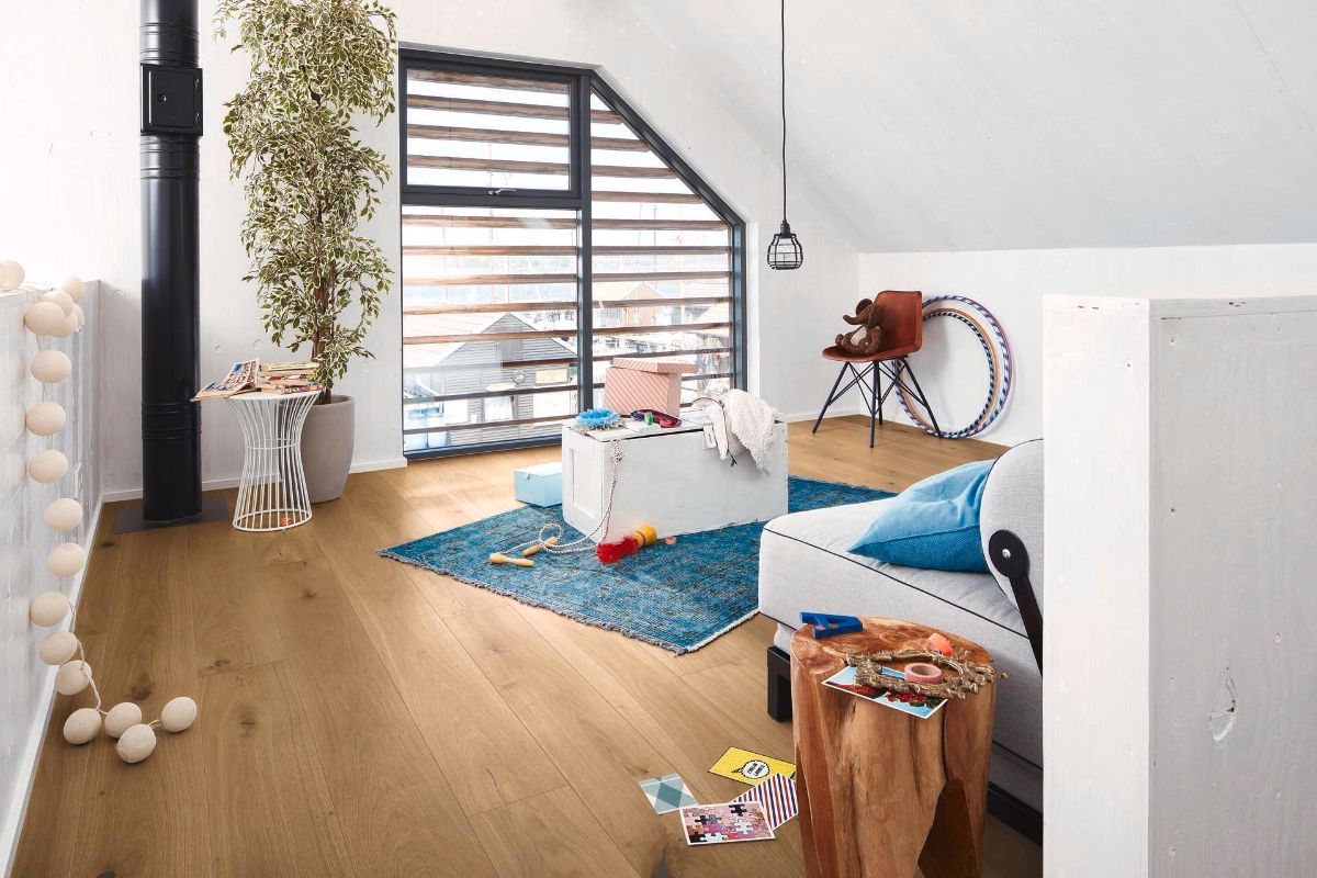 Oak parquet Meister, Longlife PD 400, Authentic greige oak 09019, 1-strip, 2200 x 180 mm, brushed, ultra matt lacquered