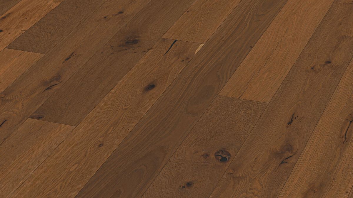 Oak parquet Meister, Longlife PD 400, Authentic steamed oak 09026, 1-strip, 2200 x 180 mm, brushed, naturally oiled
