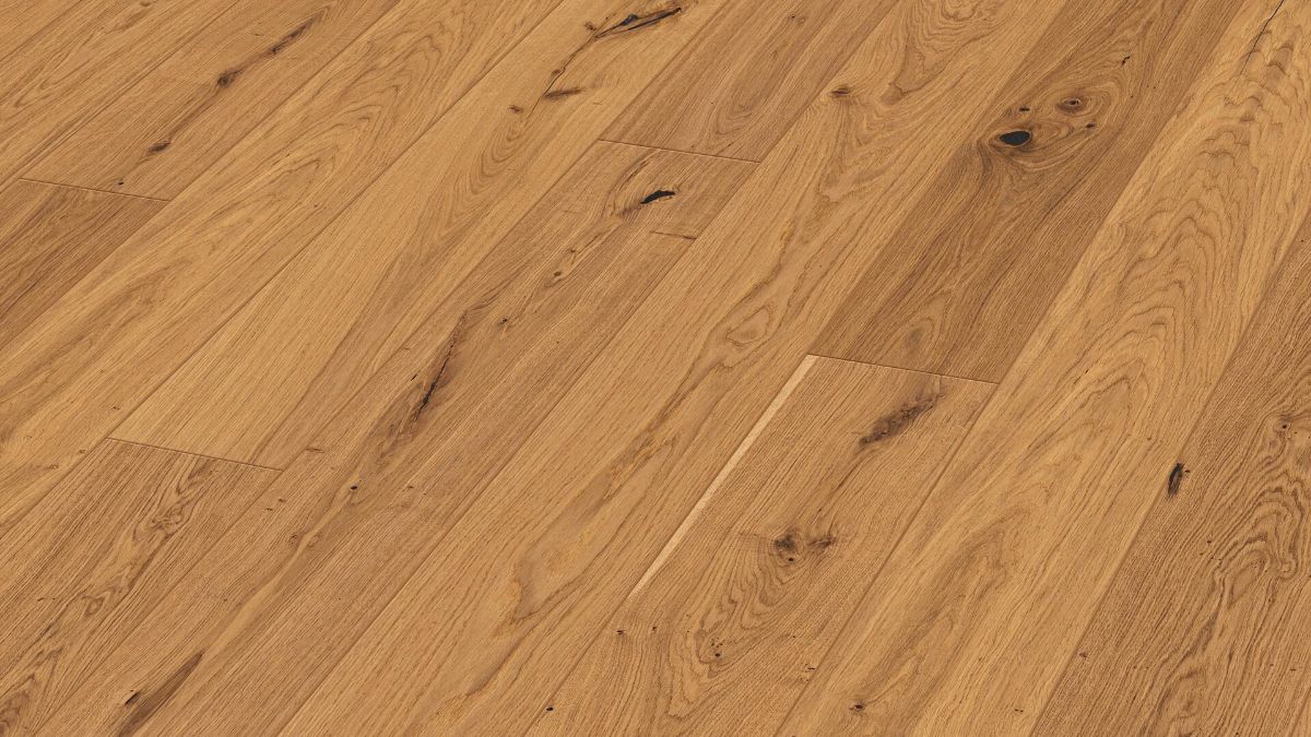 Oak parquet Meister, Longlife PD 400, Authentic oak lightly smoked look 09027, 1-strip, 2200 x 180 mm, brushed, naturally oiled