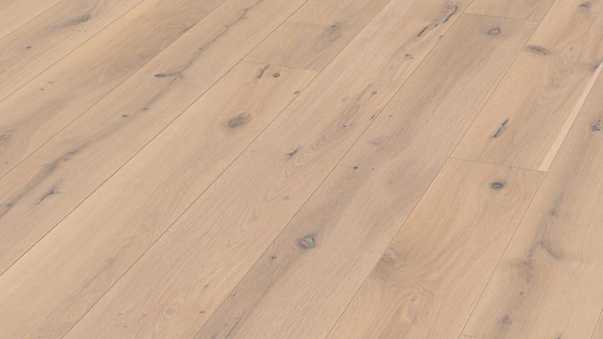 Oak parquet Meister, Longlife PD 400, Authentic off-white oak 09031, 1-strip, 2200 x 180 mm, brushed, naturally oiled
