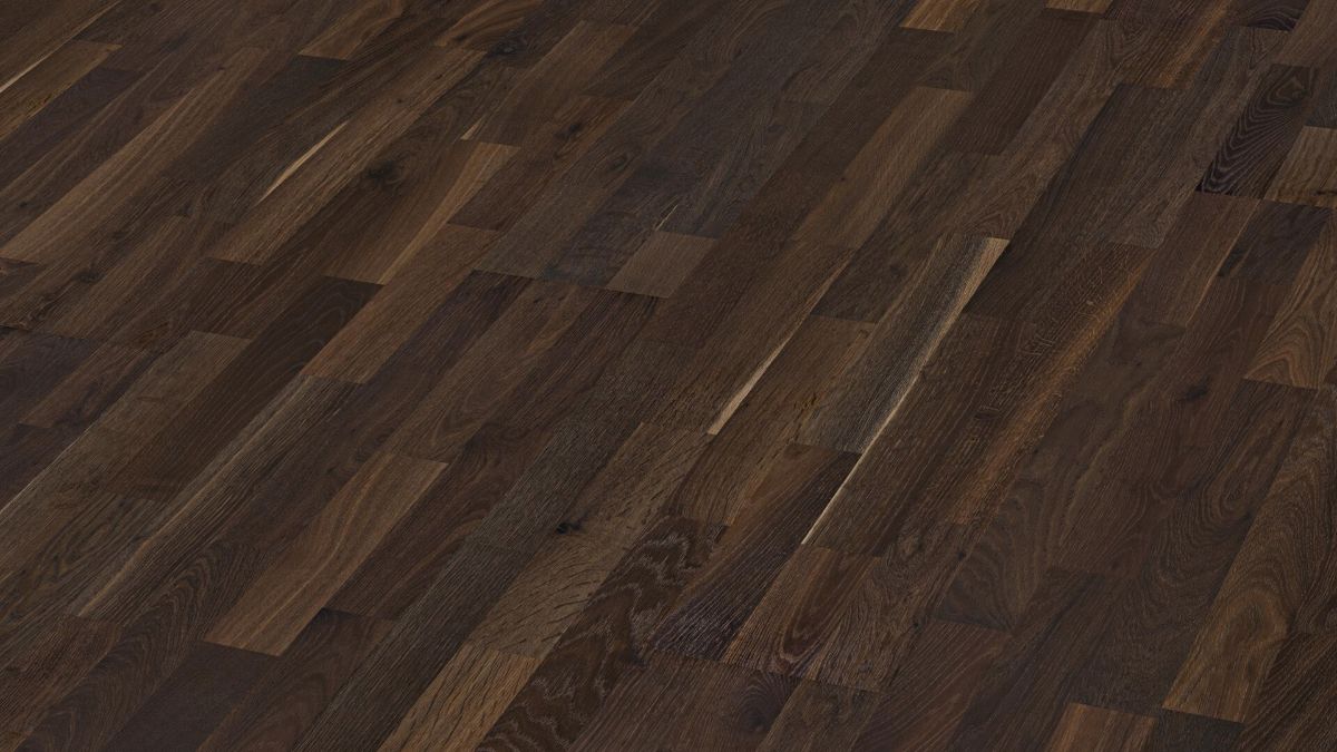 Oak parquet Meister, Longlife PC 200, Smoked oak lively 09034, 3-strip, 2400 x 200 mm, brushed, ultra matt lacquered