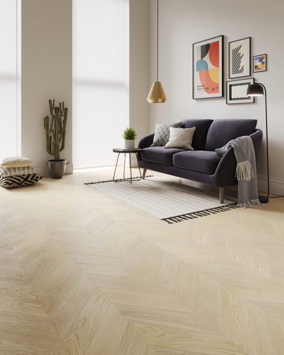 Oak Chevron Flooring Esta Nordic S Linen extra matt lacquered – close-up Oak Chevron Flooring Esta Nordic S Linen extra matt lacquered – 3