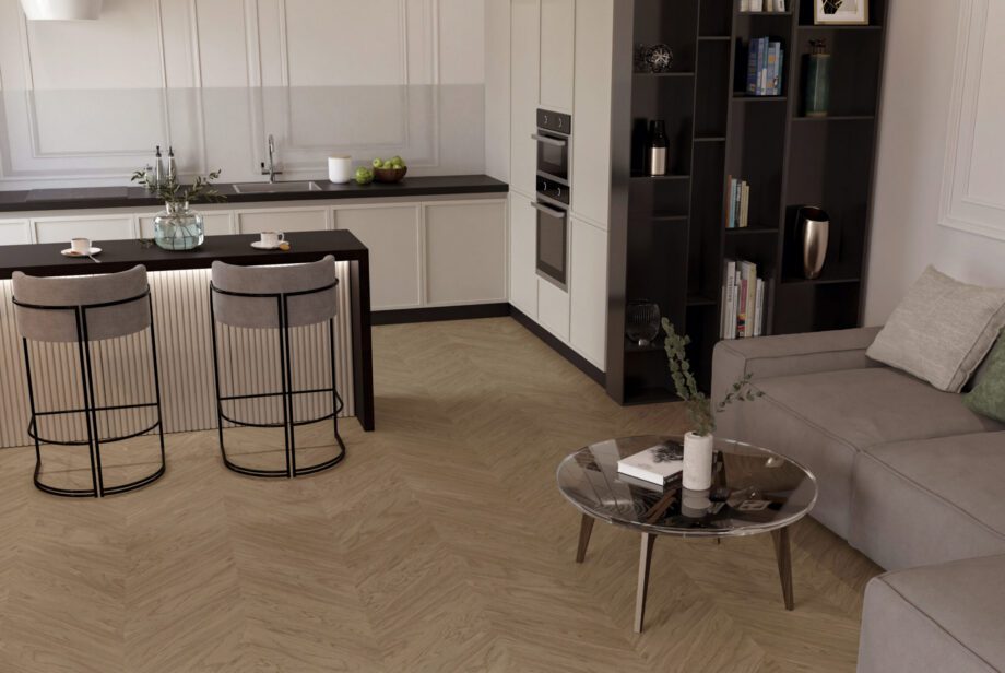 Oak Chevron Flooring Esta Nova Eco Elite Sandstone extra matt lacquered – in an interior Oak Chevron Flooring Esta Nova Eco Elite Sandstone extra matt lacquered – 3