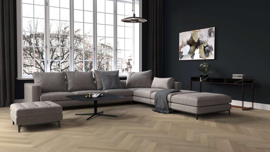 Oak Herringbone Flooring Esta AB Sandstone extra matt lacquered – close-up Oak Herringbone Flooring Esta AB Sandstone extra matt lacquered – 2