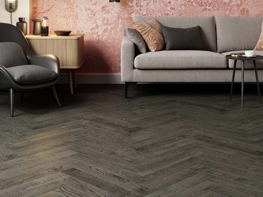 Oak Herringbone Flooring Esta BC Lava Grey extra matt lacquered – close-up Oak Herringbone Flooring Esta BC Lava Grey extra matt lacquered – 3