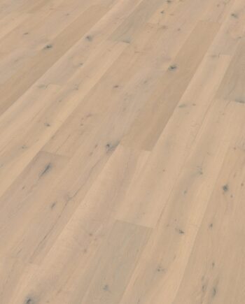 Oak parquet Thede & Witte Boston, knotty, smoked, brushed, white matt lacquered, 1-strip, 1900 x 189 x 15 mm