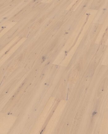 Oak parquet Thede & Witte Boston, knotty, brushed, white matt lacquered, 1-strip, 1900 x 189 x 15 mm