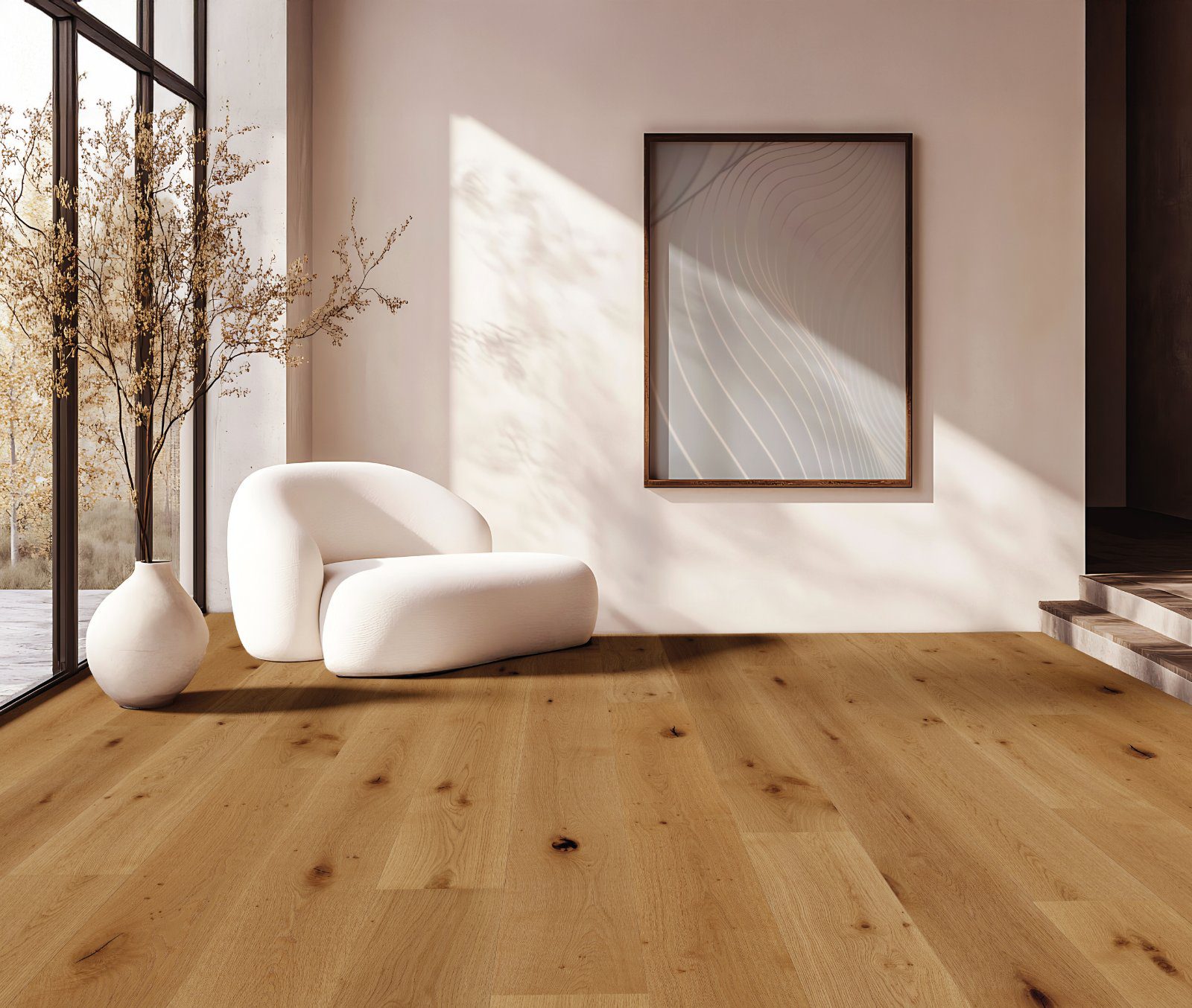 Oak parquet Thede & Witte Boston, rustic knotty, brushed, matt lacquered, 1-strip, 1900 x 189 x 14 mm