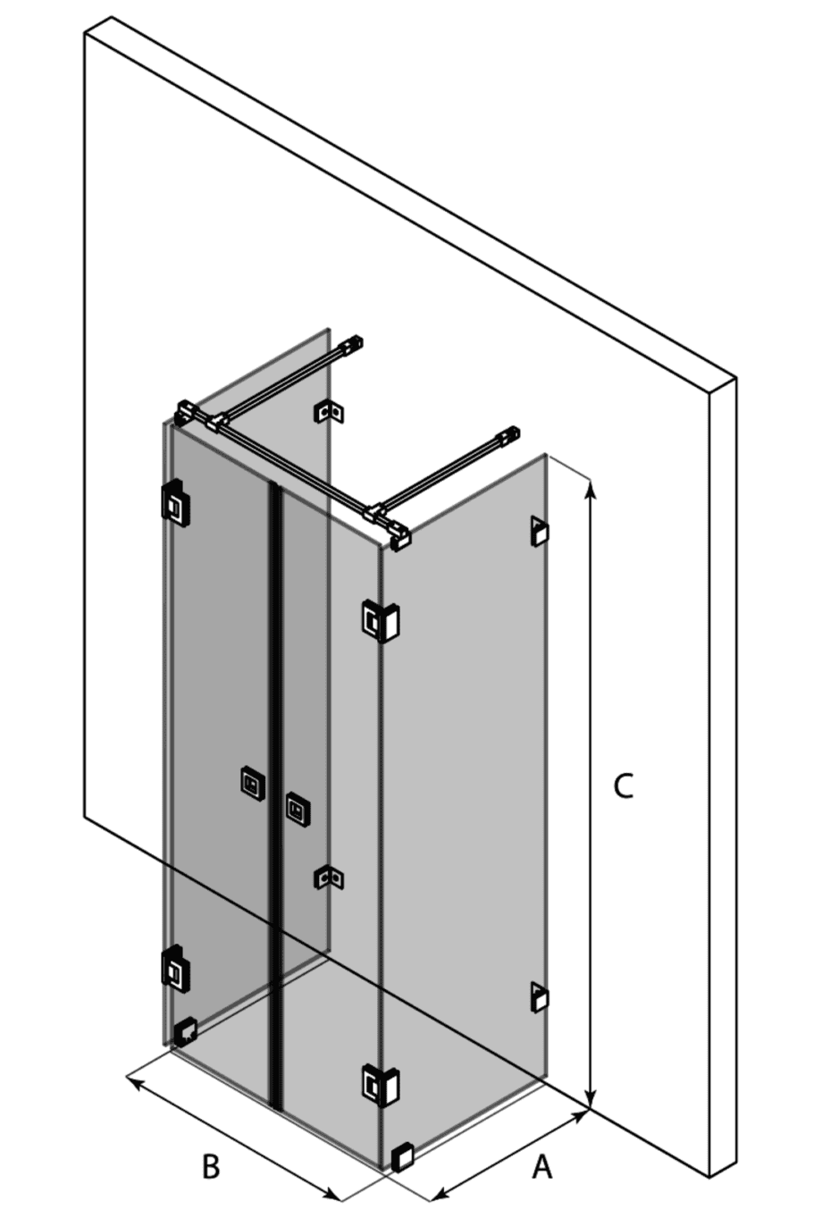 U-shaped shower enclosure Hietakari Vetro 562 – dimension drawing U-shaped shower enclosure Hietakari Vetro 562 – dimension drawing