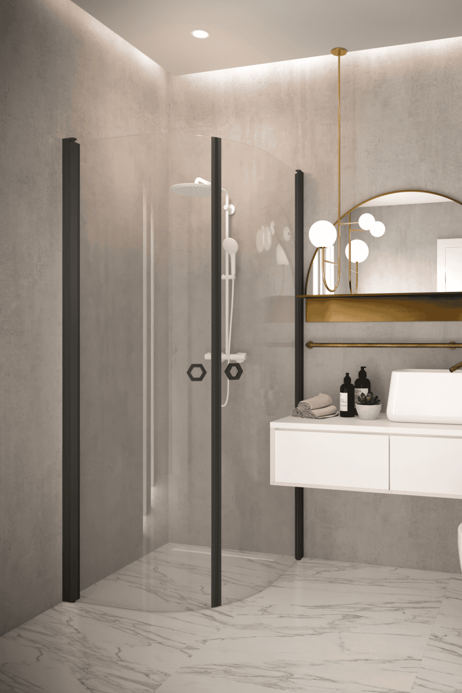 Curved shower enclosure Hietakari Forma 386, curved hinged doors – view 5 Curved shower enclosure Hietakari Forma 386, curved hinged doors – 5