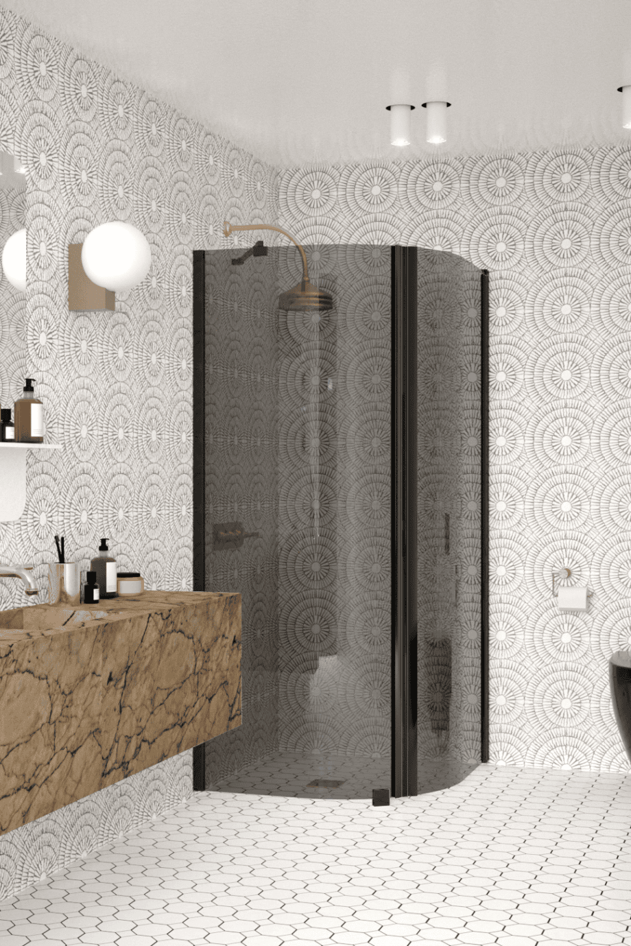 Curved shower enclosure Hietakari Infinia 265, black frame, grey tinted glass Curved shower enclosure Hietakari Infinia 265, black frame, grey tinted glass