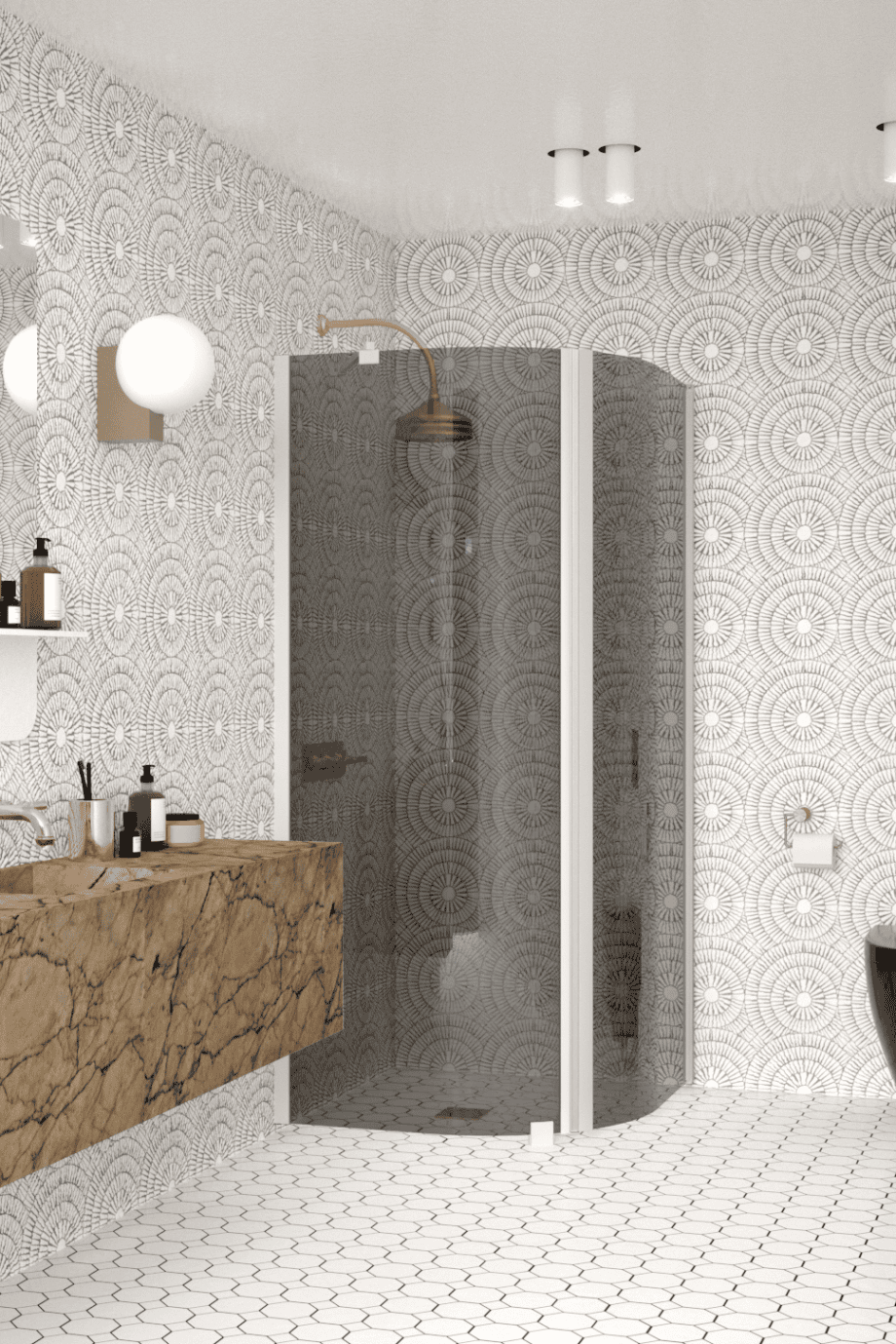 Curved shower enclosure Hietakari Infinia 265, white frame, grey tinted glass Curved shower enclosure Hietakari Infinia 265, white frame, grey tinted glass